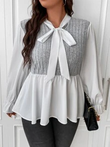 SHEIN Franclia Plus Two Tone Tie Neck Flounce Sleeve Peplum Top - Multicolor - View 4