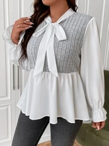SHEIN Franclia Plus Two Tone Tie Neck Flounce Sleeve Peplum Top - Multicolor - View 5