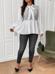 SHEIN Franclia Plus Two Tone Tie Neck Flounce Sleeve Peplum Top - Multicolor - View 6