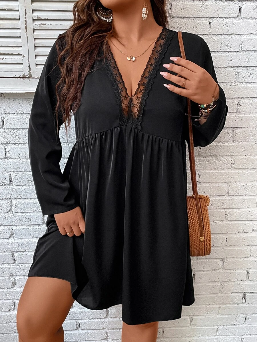 SHEIN Clasi Plus Guipure Lace Trim Smock Dress - Black - View 1