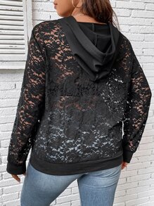 SHEIN LUNE 大码蕾丝拼接落肩抽绳卫衣（不含胸罩）毕业季、返校季、教师节女装、返校季套头衫秋季卫衣 - 黑色 - View 2