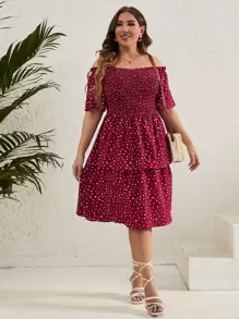 SHEIN Holidaya Vestido de lunares de hombros descubiertos bajo con fruncido