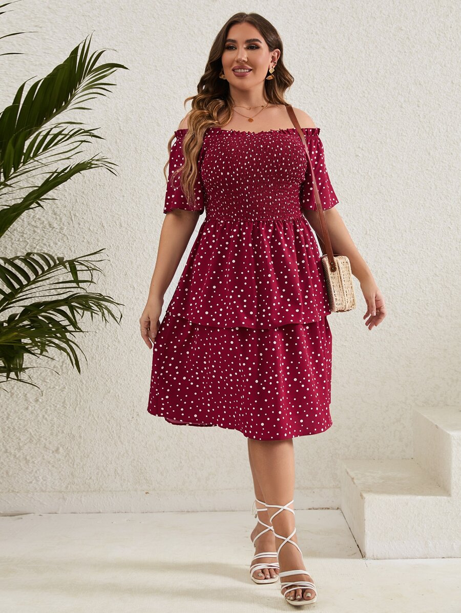 SHEIN Holidaya Vestido de lunares de hombros descubiertos bajo con fruncido