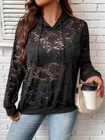 SHEIN LUNE Plus Size Lace Insert Drop Shoulder Drawstring Sweatshirt Without Bra Graduation,Back To School,Graduation,Teacher For Women,Back To School Pullover Fall Sweatshirt
