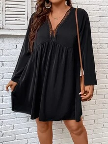 SHEIN Clasi Plus Guipure Lace Trim Smock Dress - Black - View 5