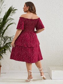 SHEIN Holidaya Vestido de lunares de hombros descubiertos bajo con fruncido