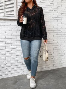 SHEIN LUNE 大码蕾丝拼接落肩抽绳卫衣（不含胸罩）毕业季、返校季、教师节女装、返校季套头衫秋季卫衣 - 黑色 - View 5