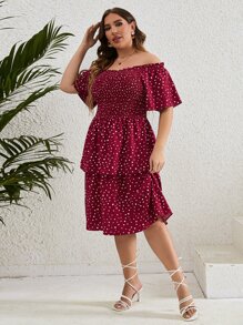 SHEIN Holidaya Vestido de lunares de hombros descubiertos bajo con fruncido
