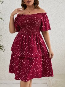 SHEIN Holidaya Vestido de lunares de hombros descubiertos bajo con fruncido