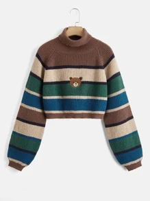 ROMWE Kawaii Striped Bear Embroidery High Neck Bishop Sleeve Sweater,Long Sleeve Tops
