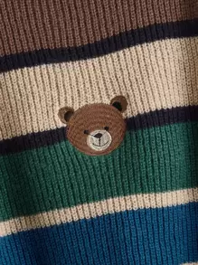 ROMWE Kawaii Striped Bear Embroidery High Neck Bishop Sleeve Sweater,Long Sleeve Tops