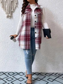 SHEIN LUNE 大碼格紋印花翻蓋細節外套馬甲 - 紫紅色 - 查看 3