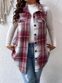 SHEIN LUNE 大碼格紋印花翻蓋細節外套馬甲 - 紫紅色 - 查看 4