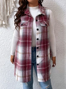 SHEIN LUNE 大碼格紋印花翻蓋細節外套馬甲 - 紫紅色 - 查看 6