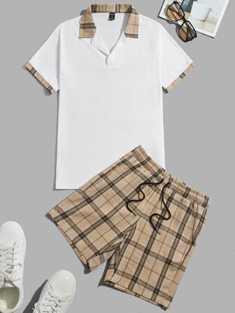 GENTILAND Guys Plaid Print Contrast Collar Tee & Drawstring Waist Shorts