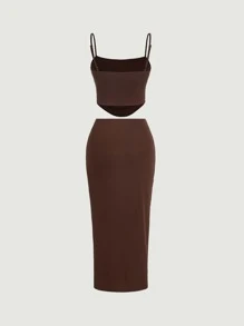 SHEIN MOD 素色吊帶上衣和前扭結高衩半身裙 - 巧克力棕 - 查看 7