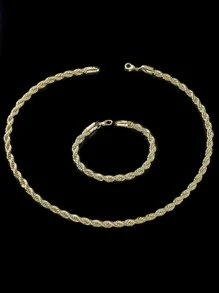 Men Twist Design Necklace & Bracelet - Yellow Gold - View 2