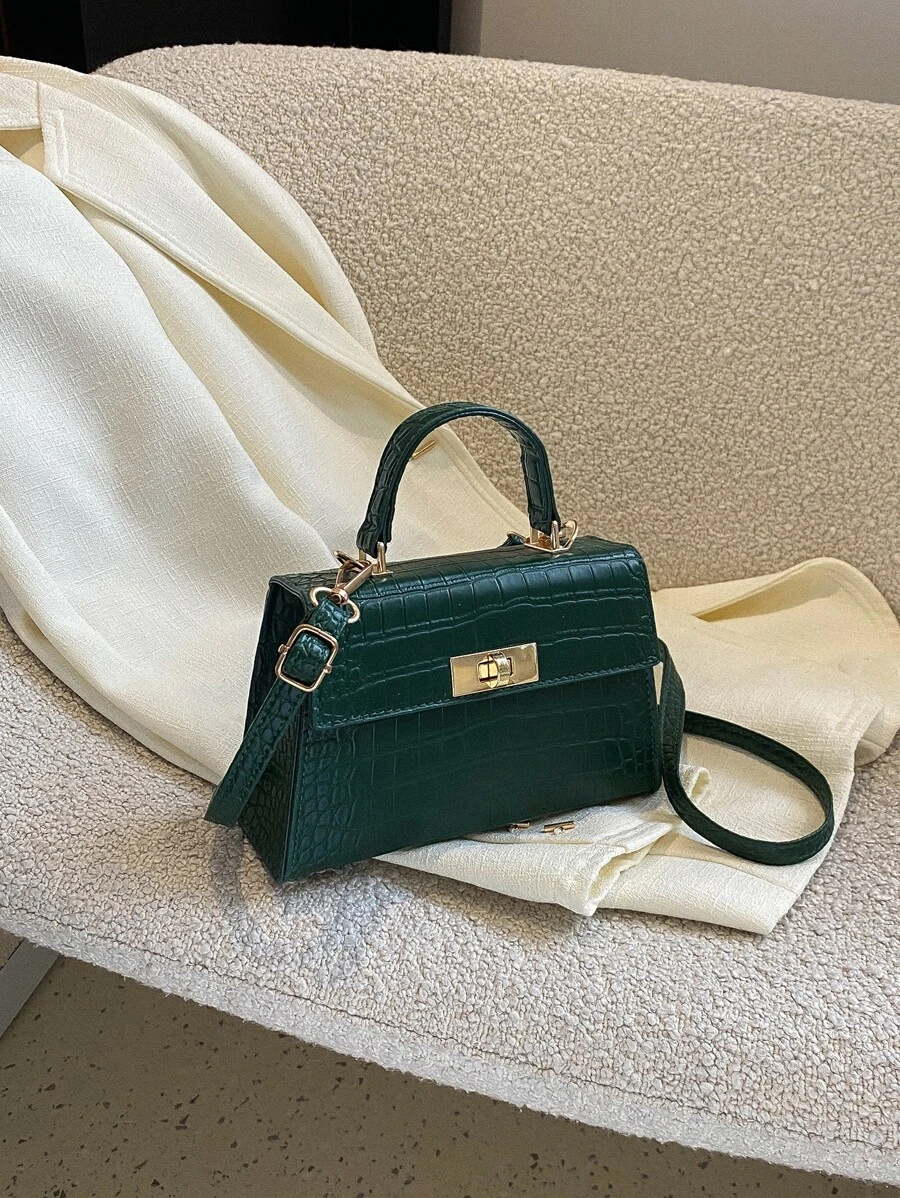 迷你鳄鱼压纹扭锁翻盖方形包 手提包、斜挎包、单肩包 简约、休闲 纯色 便携、轻便、配有可调节肩带 适合女性、新手和白领人士、适合女孩、适合女士 非常适合办公室、工作、商务、通勤 - 墨綠色 - 查看 1
