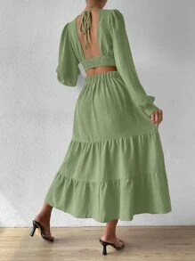 Breezaya 燈籠袖鏤空後綁帶荷葉邊洋裝 - 薄荷綠 - 查看 2