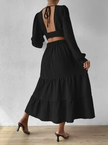 Chiquease Cut Out Tie Back Layered Hem Dress - Black - View 2