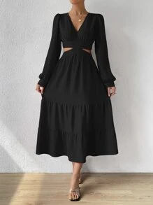 Chiquease Cut Out Tie Back Layered Hem Dress - Black - View 3