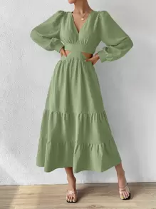 Breezaya 燈籠袖鏤空後綁帶荷葉邊洋裝 - 薄荷綠 - 查看 4