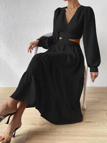 Chiquease Cut Out Tie Back Layered Hem Dress - Black - View 5