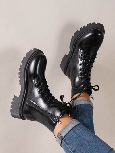 Fall/Winter Women's Fashion New Maroon Leather Ankle Boots With Zipper, Lace-Up Short Boots, Versatile For Party, Holiday, Fits Small, Recommend Order 0.5 Size Up, Black,Boots For Women