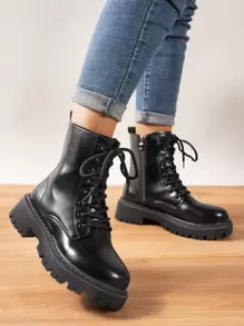 Ghete scurte cu șireturi, din piele maro, pentru femei, la modă, toamnă/iarnă, model nou ... - Negru - Vizualizare 3