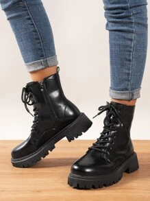 Ghete scurte cu șireturi, din piele maro, pentru femei, la modă, toamnă/iarnă, model nou ... - Negru - Vizualizare 5