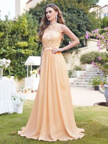 BABYONLINE D.R.E.S.S. Contrast Lace Mesh Back Chiffon Bridesmaid Dress - Apricot - View 1