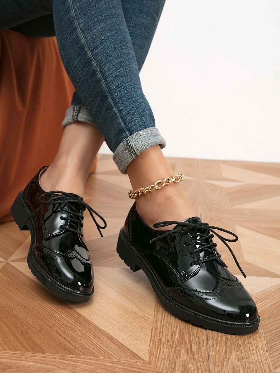 Lace-up Front Oxford Flats - Black - View 1