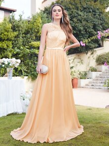 BABYONLINE D.R.E.S.S. Contrast Lace Mesh Back Chiffon Bridesmaid Dress - Apricot - View 4