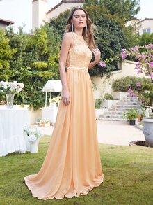 BABYONLINE D.R.E.S.S. Contrast Lace Mesh Back Chiffon Bridesmaid Dress - Apricot - View 5