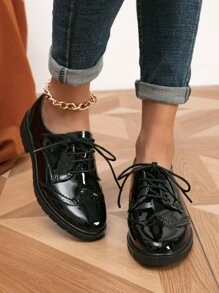 Lace-up Front Oxford Flats - Black - View 6