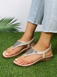 Rhinestone Decor Thong Sandals - Beige - View 6