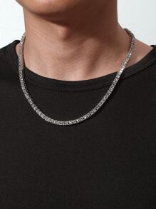 男士方晶鋯石裝飾項鍊 - 銀色 - 查看 1