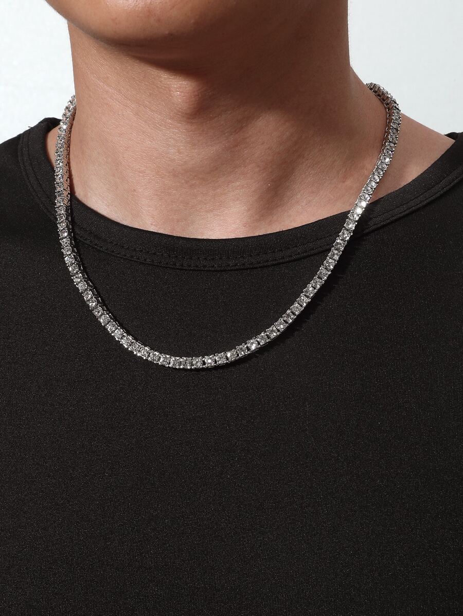 男士方晶鋯石裝飾項鍊 - 銀色 - 查看 1
