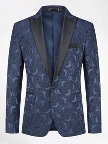 CLOUDSTYLE Men Jacquard Lapel Neck Flap Detail Blazer - Navy Blue - View 1