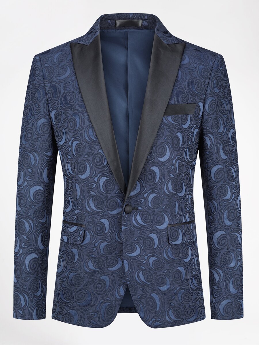 CLOUDSTYLE Men Jacquard Lapel Neck Flap Detail Blazer - Navy Blue - View 1