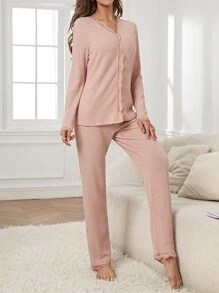 Conjunto de pijama pantalones con top ribete con encaje con botón delantero - Rosa vieja - Ver 3