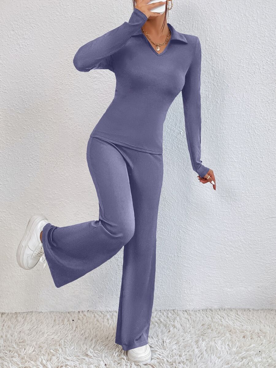 Chiquease Bộ đồ hai mảnh nữ màu trơn Giải trí - Màu tím hoa cà - Xem 1