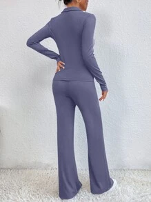 Chiquease Bộ đồ hai mảnh nữ màu trơn Giải trí - Màu tím hoa cà - Xem 2