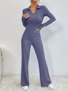 Chiquease Bộ đồ hai mảnh nữ màu trơn Giải trí - Màu tím hoa cà - Xem 4