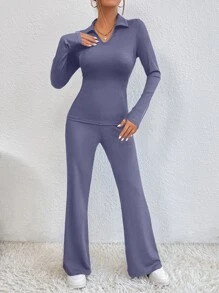 Chiquease Bộ đồ hai mảnh nữ màu trơn Giải trí - Màu tím hoa cà - Xem 6