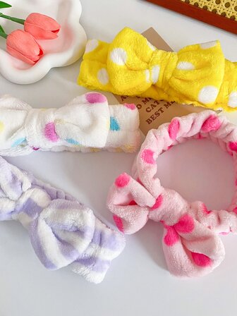 1 件随机图案沐浴头带，可爱弹性蝴蝶结发带，柔软涤纶头带，适合女士和女孩，洗脸头巾头饰家居浴室装饰夏季