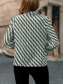 SHEIN Privé Allover Print Lantern Sleeve Blouse - Green - View 2