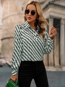 SHEIN Privé Allover Print Lantern Sleeve Blouse - Green - View 4