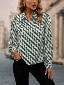 SHEIN Privé Allover Print Lantern Sleeve Blouse - Green - View 5