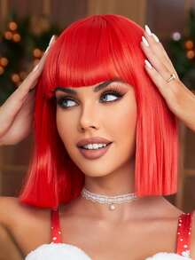 Halloween Costume Wig Synthetic Heat Resistant Wigs Bob Curly Wave With BangFull Machine Made Daily Party Use For Women Natural Looking Good Quality Synthetic Soft Wigs - Red - View 4